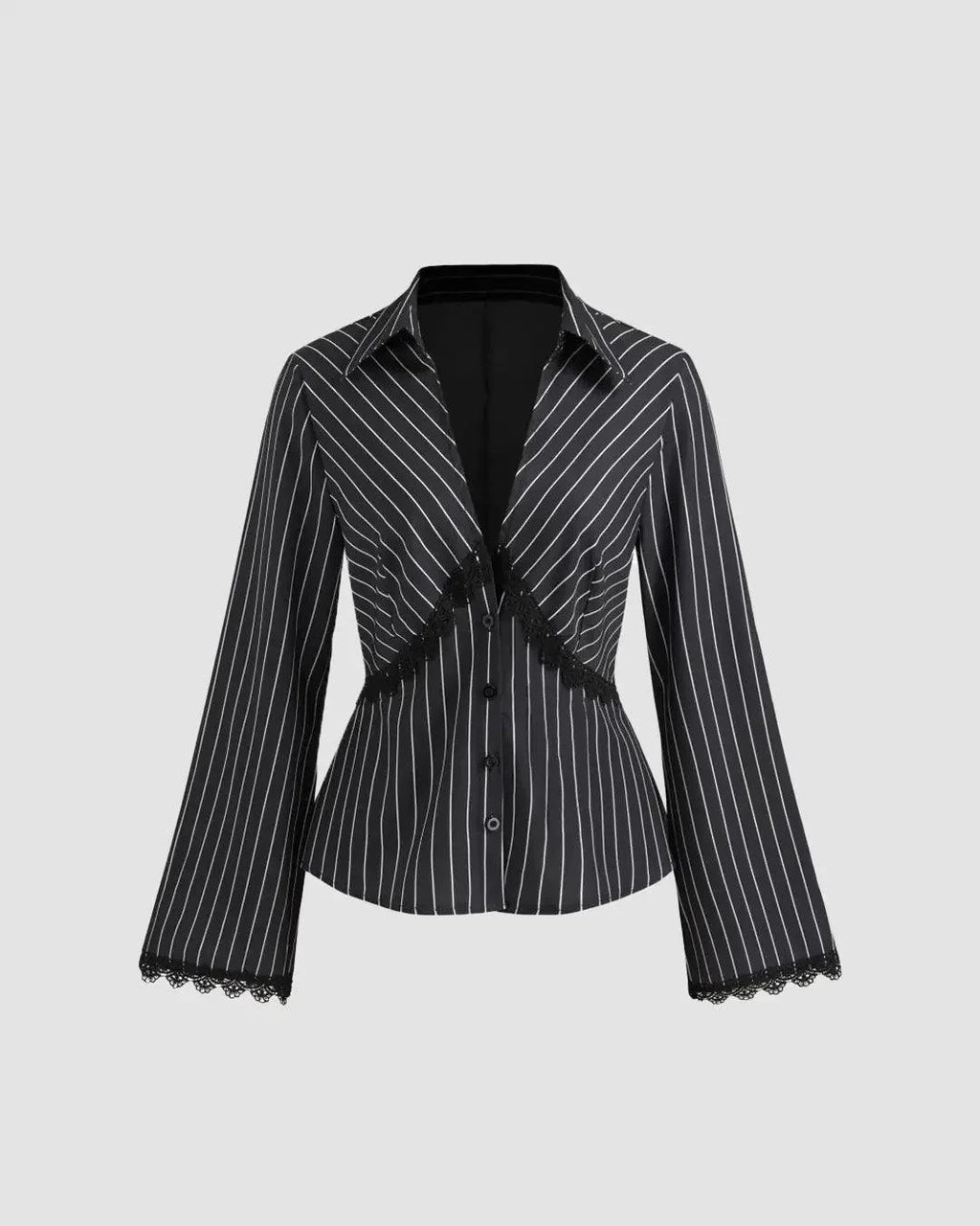 Lace Trim Collared Neck Full Sleeve Striped Shirt in Black