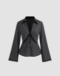 Lace Trim Collared Neck Full Sleeve Striped Shirt in Black
