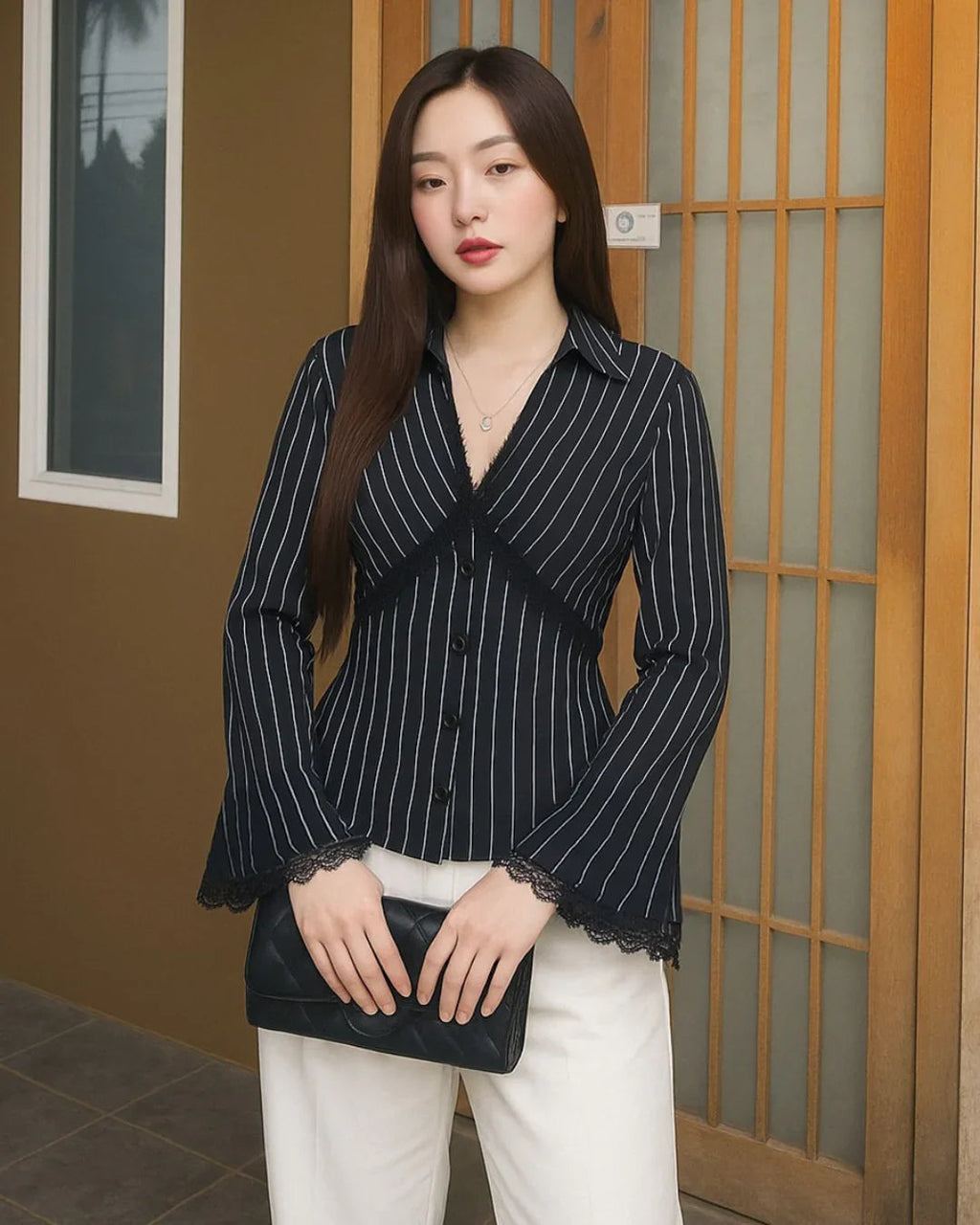 Lace Trim Collared Neck Full Sleeve Striped Shirt in Black
