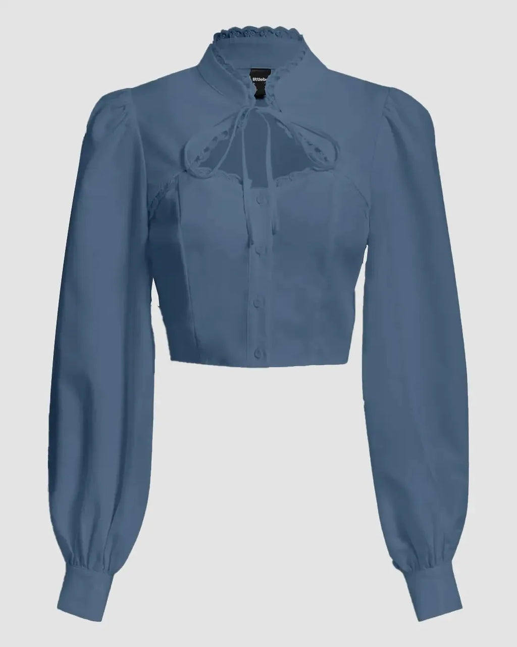 Lace Trim Tie Front Lantern Sleeve Shirt In Blue