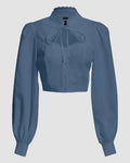 Lace Trim Tie Front Lantern Sleeve Shirt In Blue