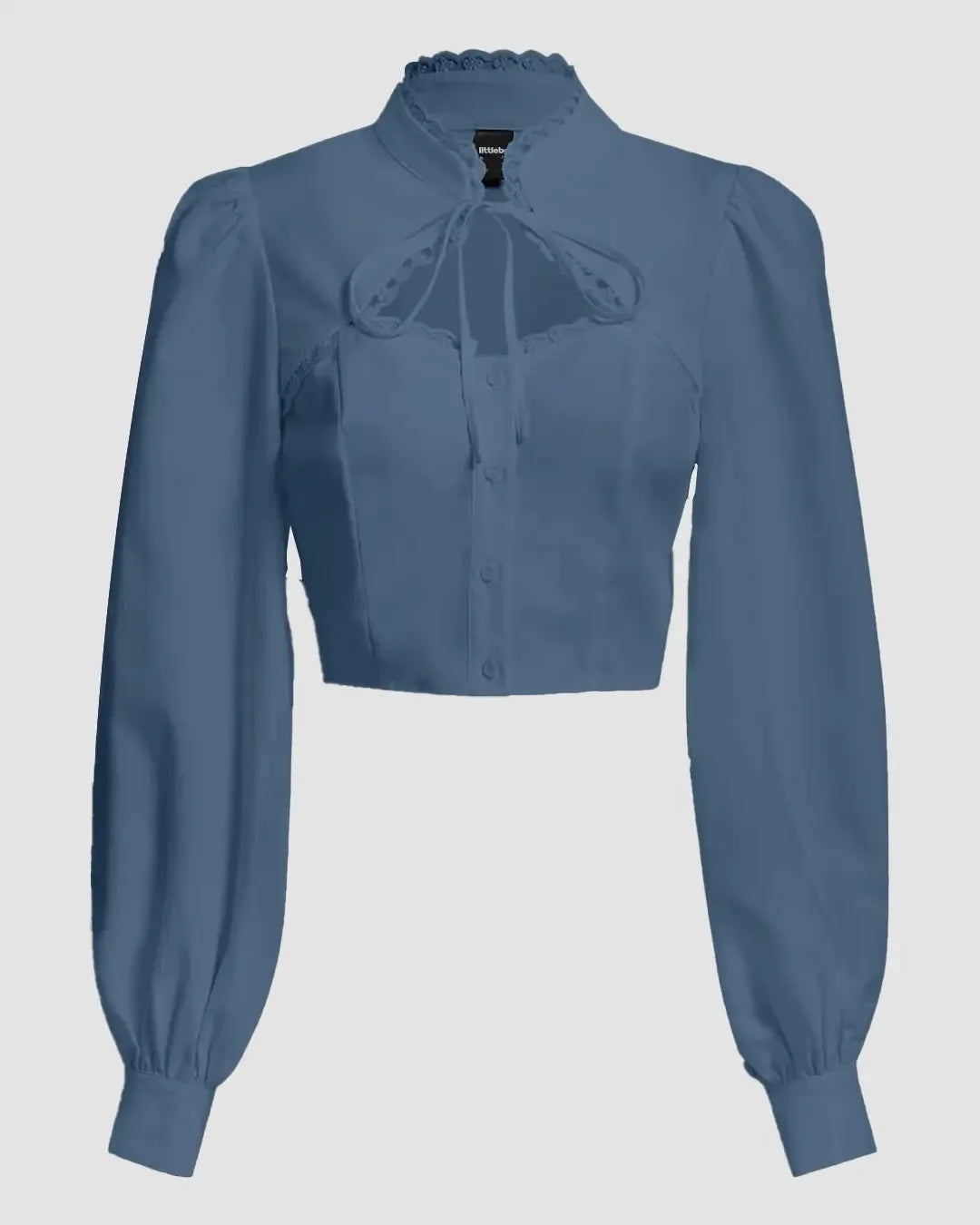 Lace Trim Tie Front Lantern Sleeve Shirt In Blue