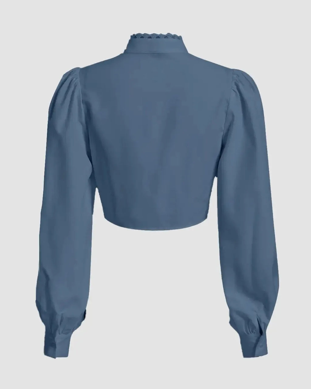 Lace Trim Tie Front Lantern Sleeve Shirt In Blue
