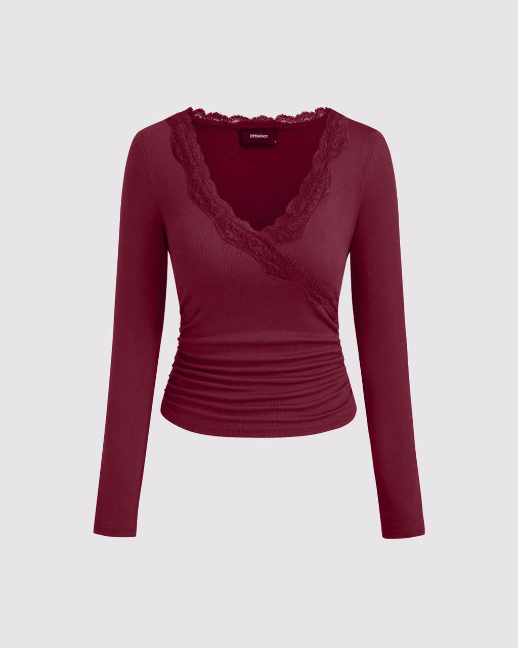Lace Trim V Neck Ruched Full Sleeve Top in Maroon
