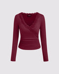 Lace Trim V Neck Ruched Full Sleeve Top in Maroon