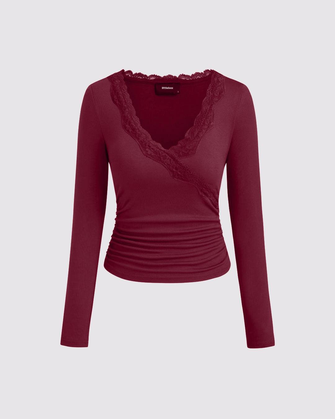 Lace Trim V Neck Ruched Full Sleeve Top in Maroon