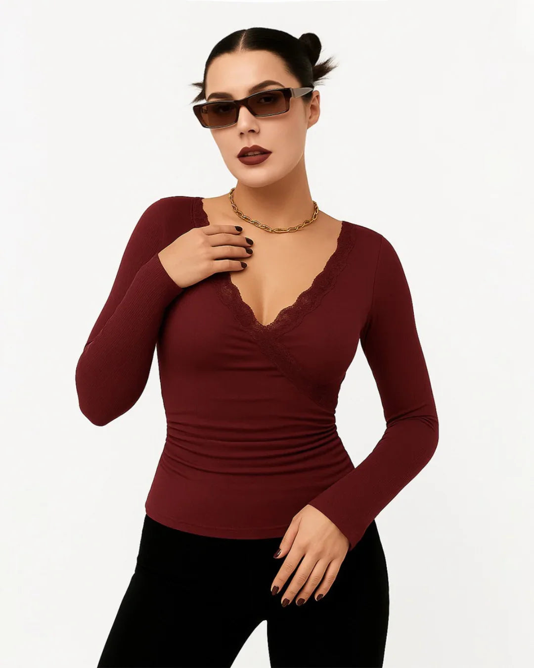 Lace Trim V Neck Ruched Full Sleeve Top in Maroon
