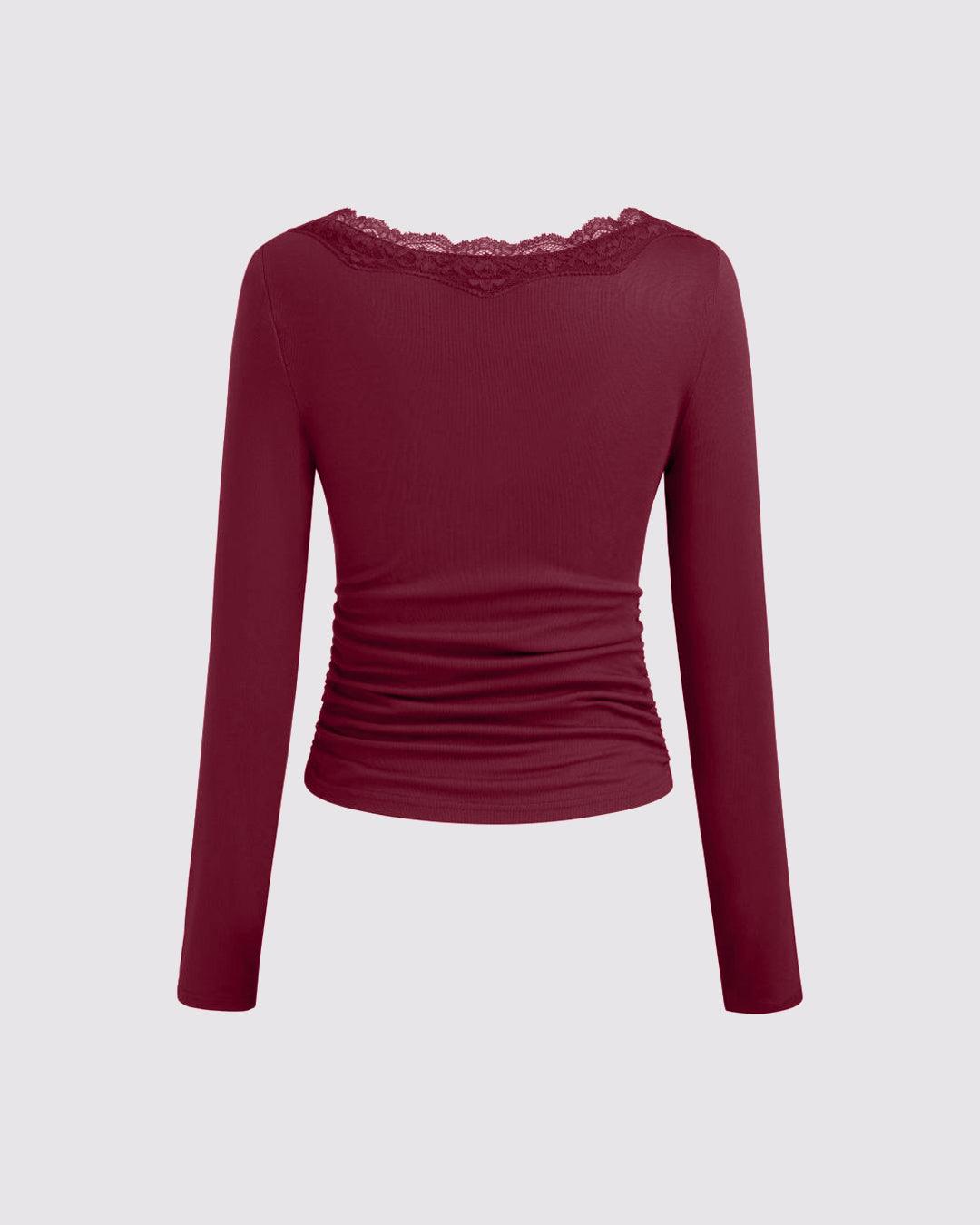 Lace Trim V Neck Ruched Full Sleeve Top in Maroon
