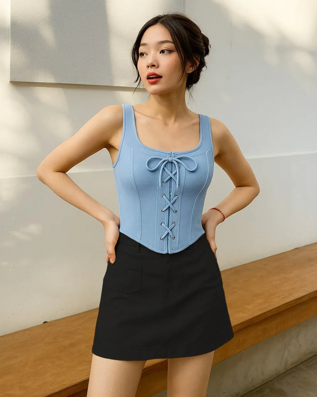 Lace Up Front Corset Top In Rainwash
