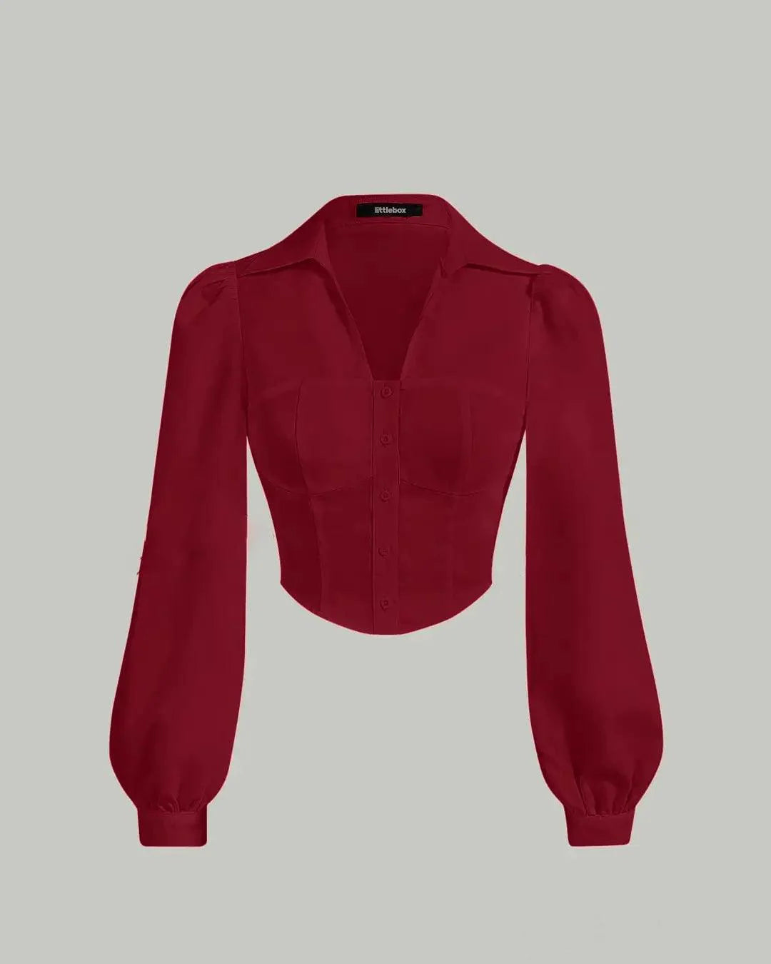 Lantern Sleeve Button Front Slim Fit Red Shirt