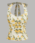 Lemon Print Ruched Halter Neck Top