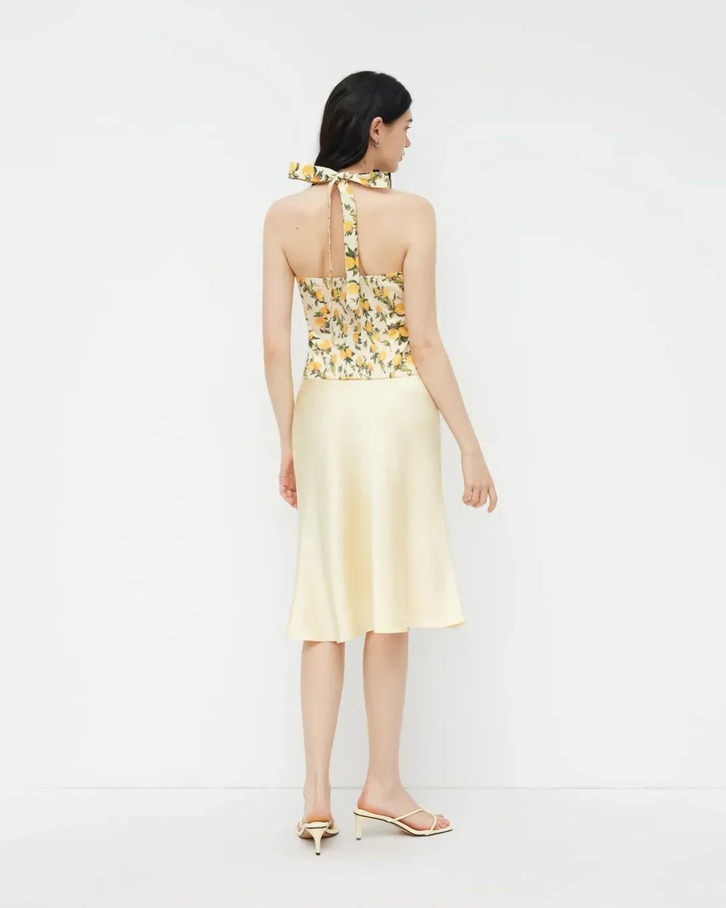 Lemon Print Ruched Halter Neck Top