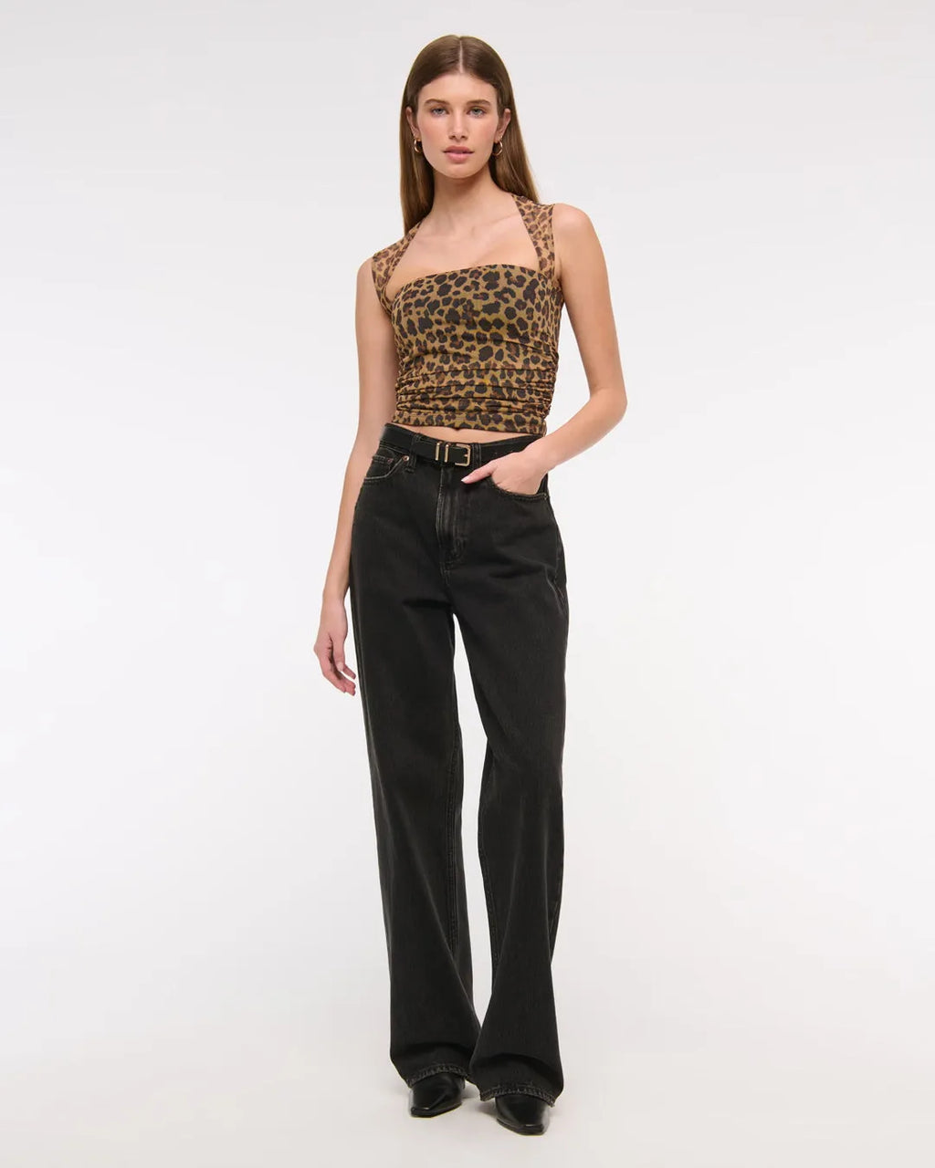 Leopard Print Mesh Panel Fitted Crop Top