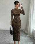 Leopard Print Mesh Ruched Long Sleeve Bodycon Midi Dress