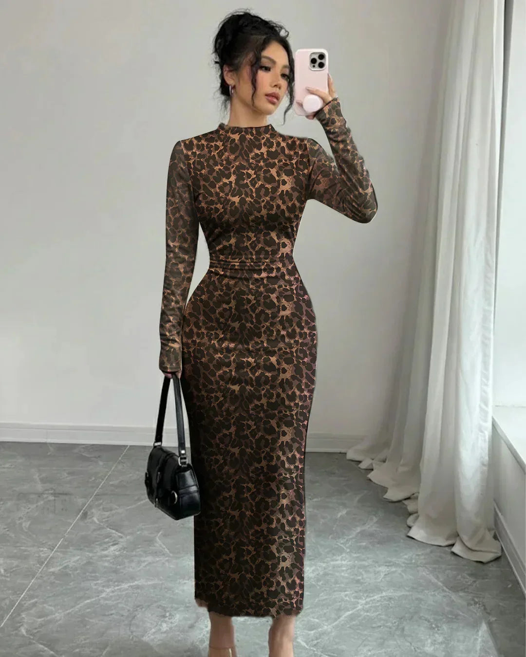 Leopard Print Mesh Ruched Long Sleeve Bodycon Midi Dress