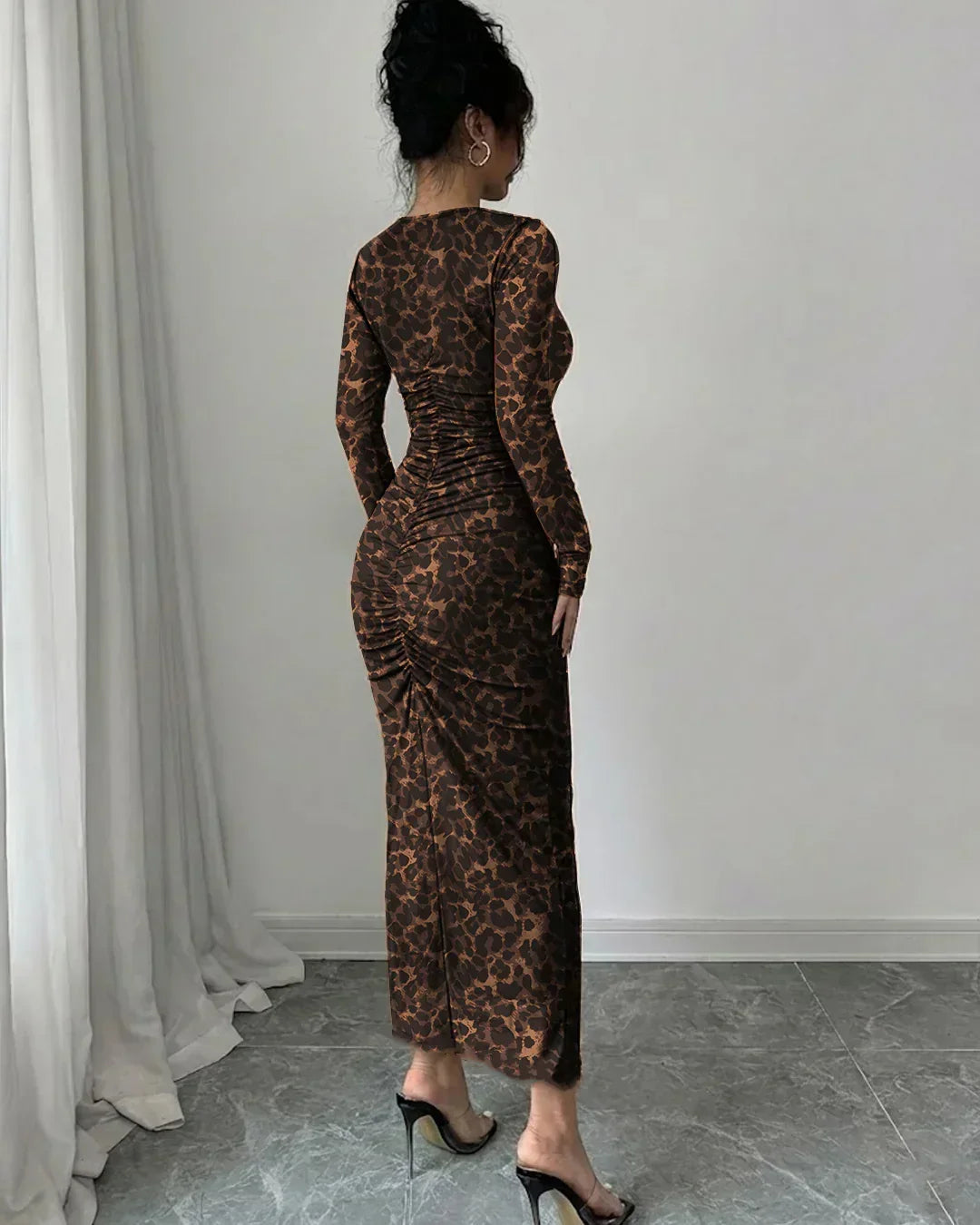 Leopard Print Mesh Ruched Long Sleeve Bodycon Midi Dress