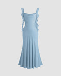Light Blue Ruffle Strap Fishtail Midi Dress