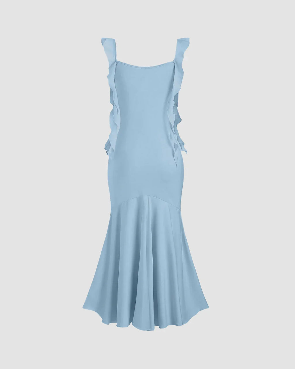 Light Blue Ruffle Strap Fishtail Midi Dress