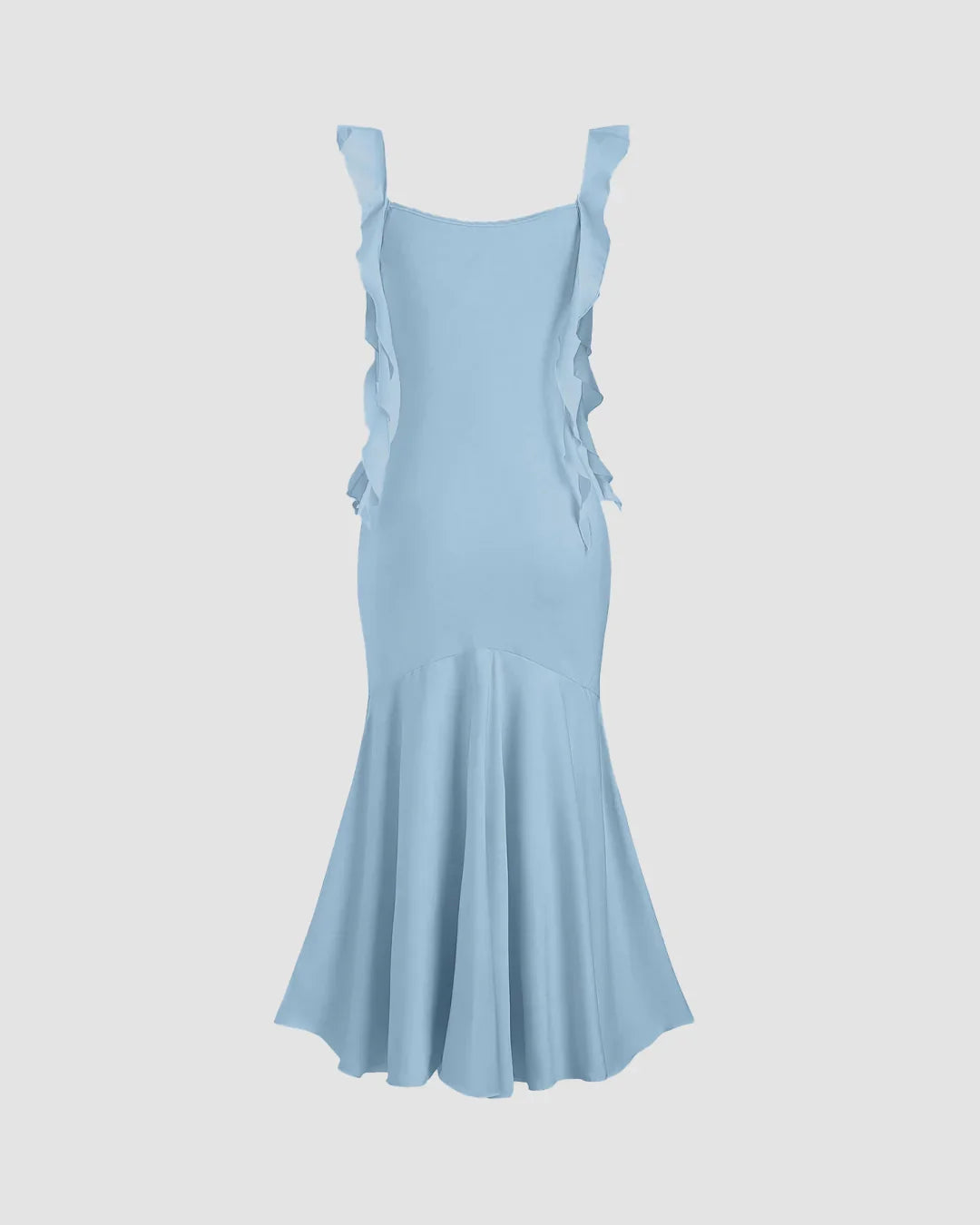 Light Blue Ruffle Strap Fishtail Midi Dress