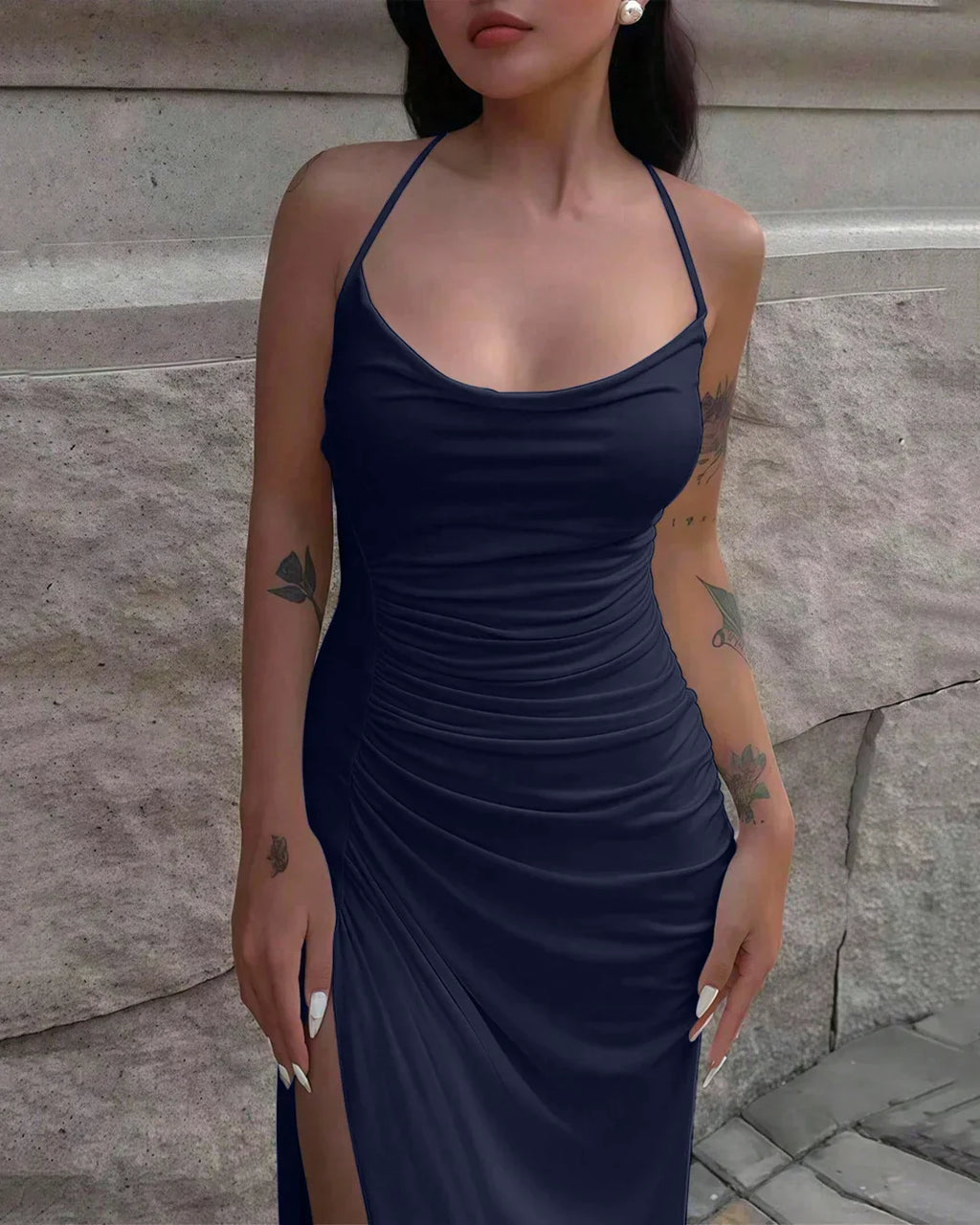 Navy Blue Ruched Spaghetti Strap Slit Maxi Dress