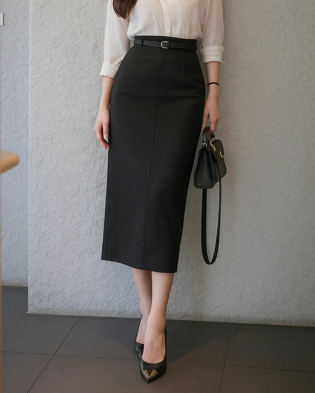 Linen-blend Mid Rise Solid Midi Skirt Without Belt In Black