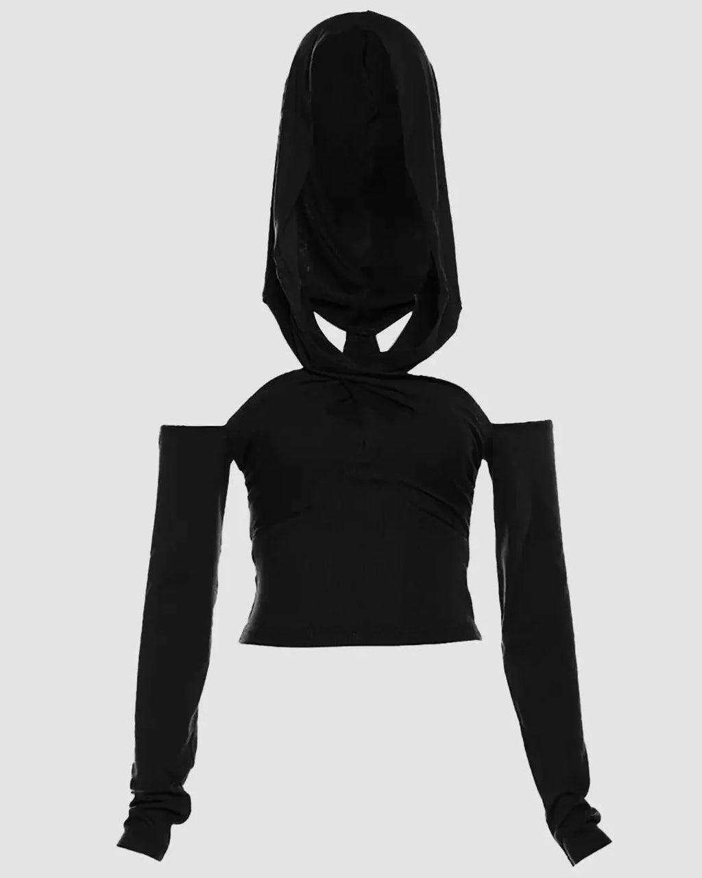 Long-Sleeve Cold Shoulder Hooded Plain Crop Top