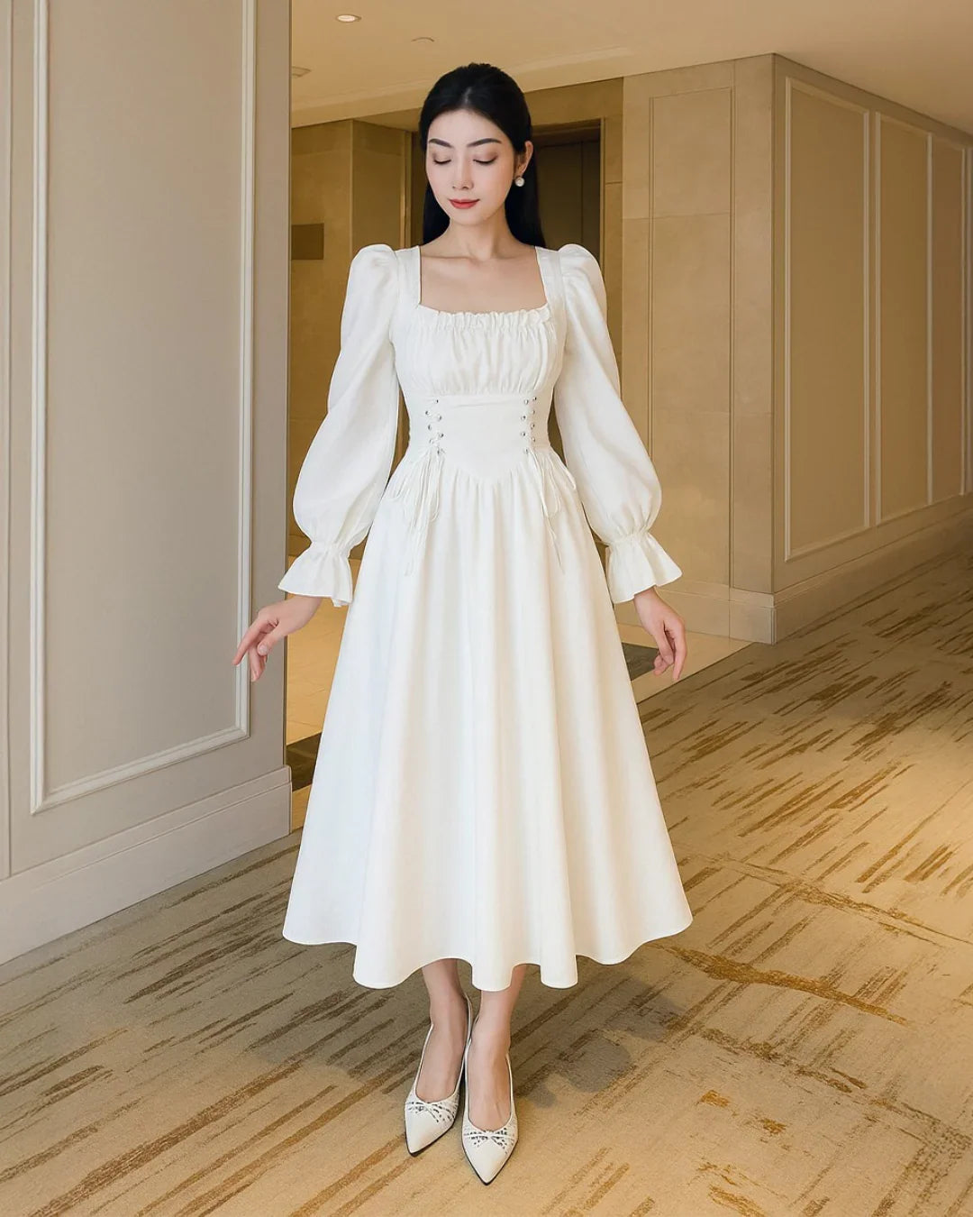 Long Sleeve Corset Waist Vintage Midi Dress in White