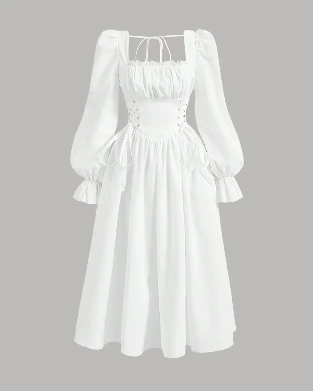 Long Sleeve Corset Waist Vintage Midi Dress in White