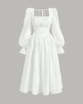 Long Sleeve Corset Waist Vintage Midi Dress in White