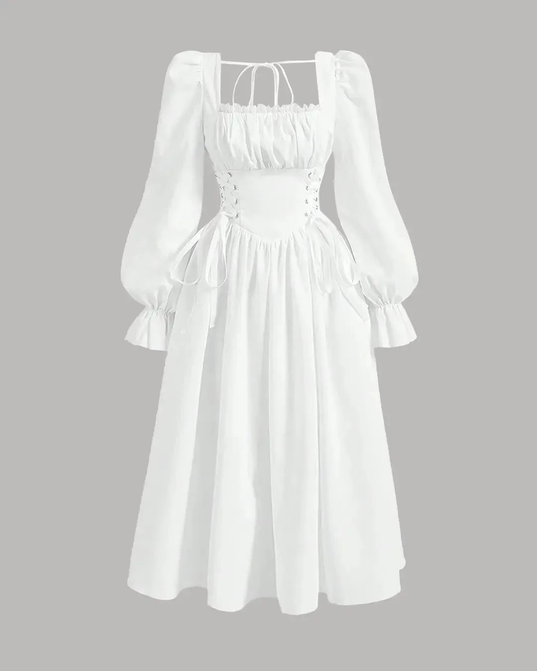 Long Sleeve Corset Waist Vintage Midi Dress in White