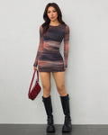 Long Sleeve Mesh Print Ruched Bodycon Mini Dress