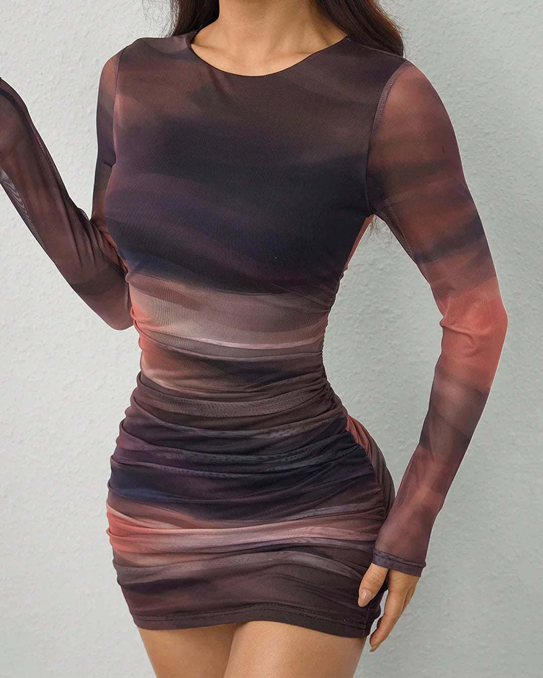 Long Sleeve Mesh Print Ruched Bodycon Mini Dress