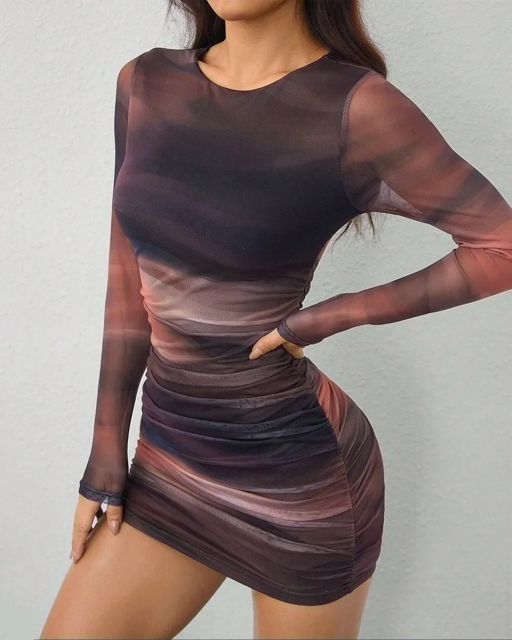 Long Sleeve Mesh Print Ruched Bodycon Mini Dress