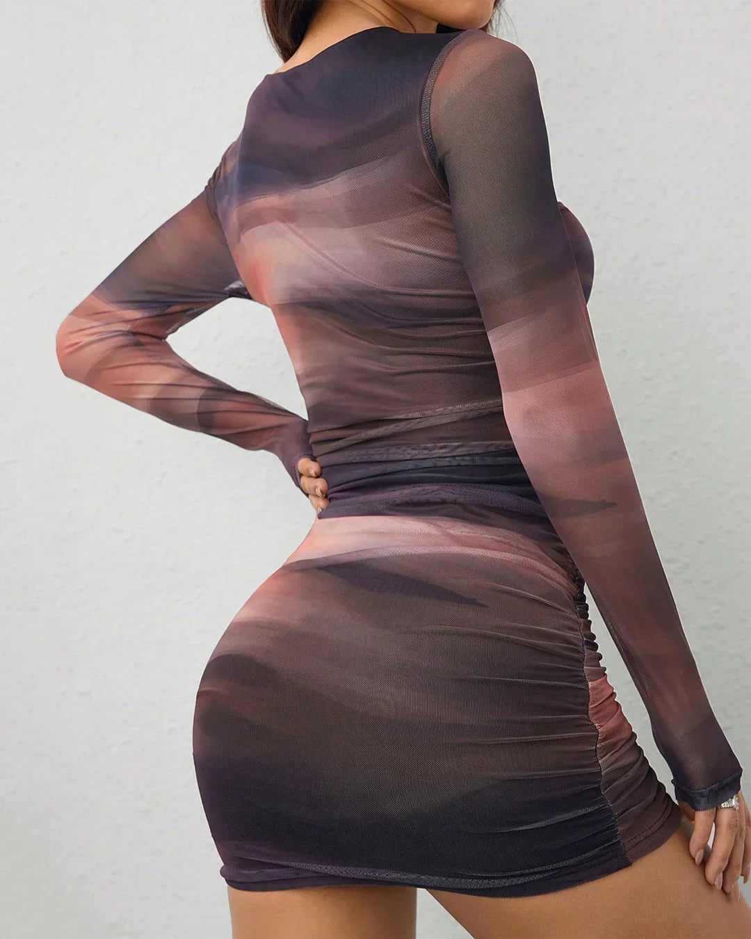 Long Sleeve Mesh Print Ruched Bodycon Mini Dress