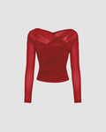 Long Sleeve Off-Shoulder Draped Wrap Top in Red