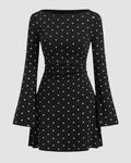 Long Sleeve Polka Dot Fit and Flare Mini Dress in Black