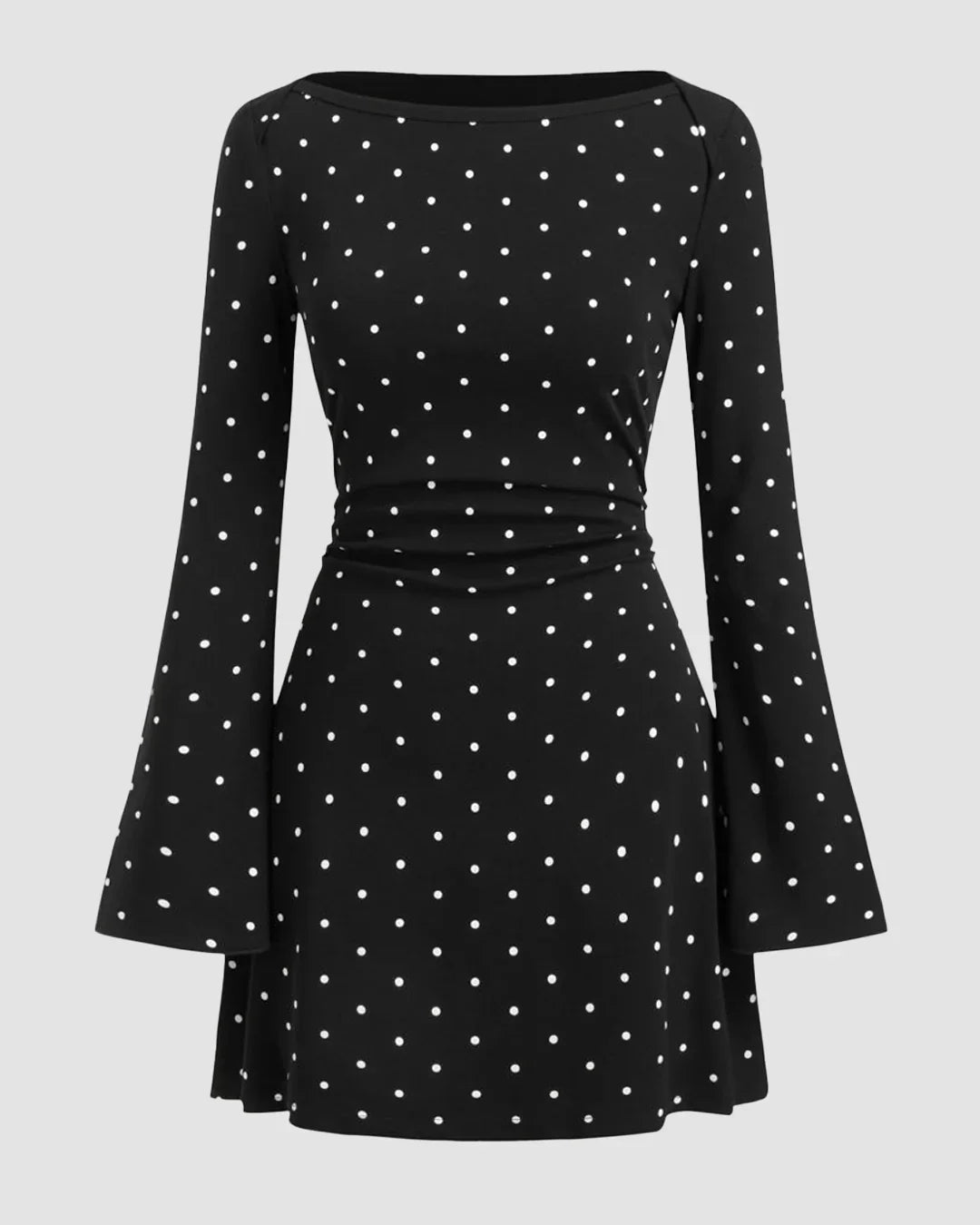Long Sleeve Polka Dot Fit and Flare Mini Dress in Black