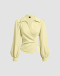 Long Sleeve V Neck Wrap Style Solid Top in Yellow