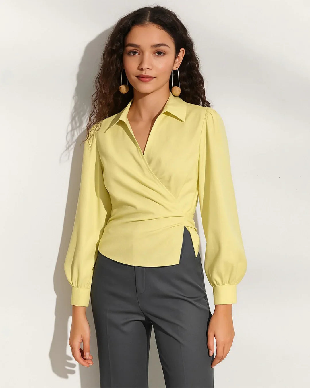 Long Sleeve V Neck Wrap Style Solid Top in Yellow