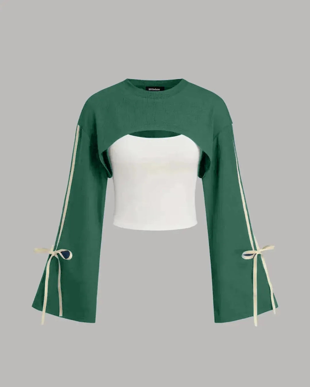 Lounge Round Neck Cut-Out Crop Sweatshirt Top in Green and White