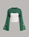 Lounge Round Neck Cut-Out Crop Sweatshirt Top in Green and White