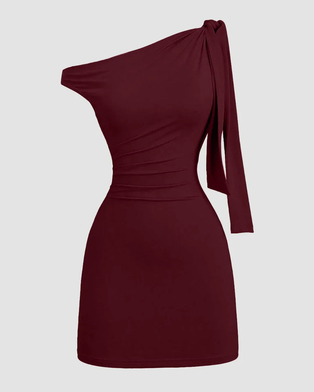 Maroon Asymmetrical Neck Bodycon Mini Dress