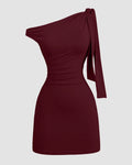Maroon Asymmetrical Neck Bodycon Mini Dress