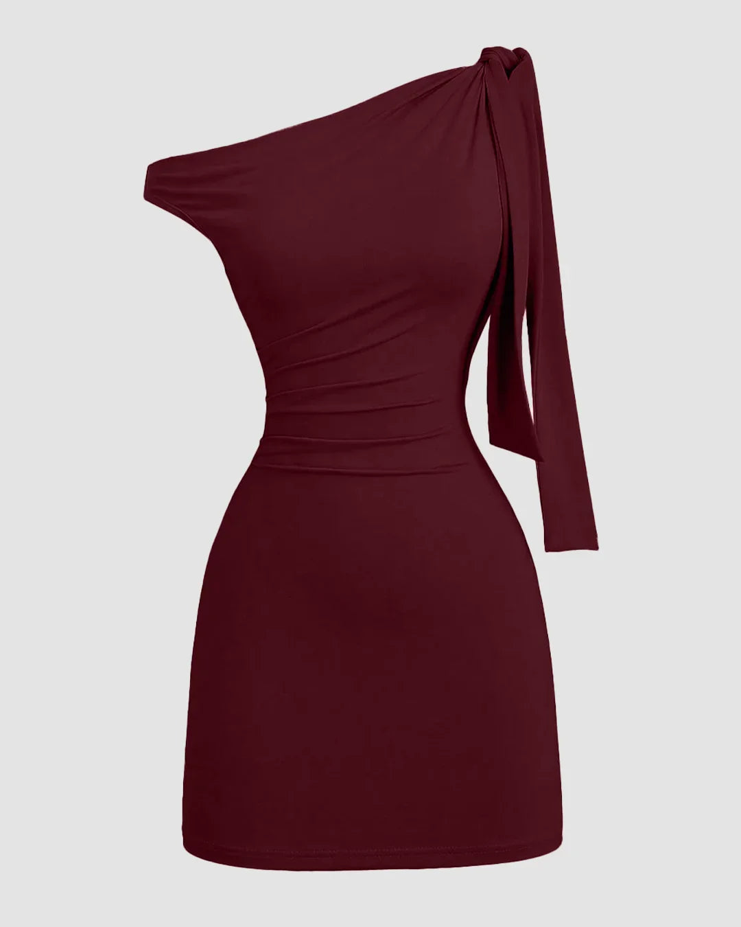 Maroon Asymmetrical Neck Bodycon Mini Dress