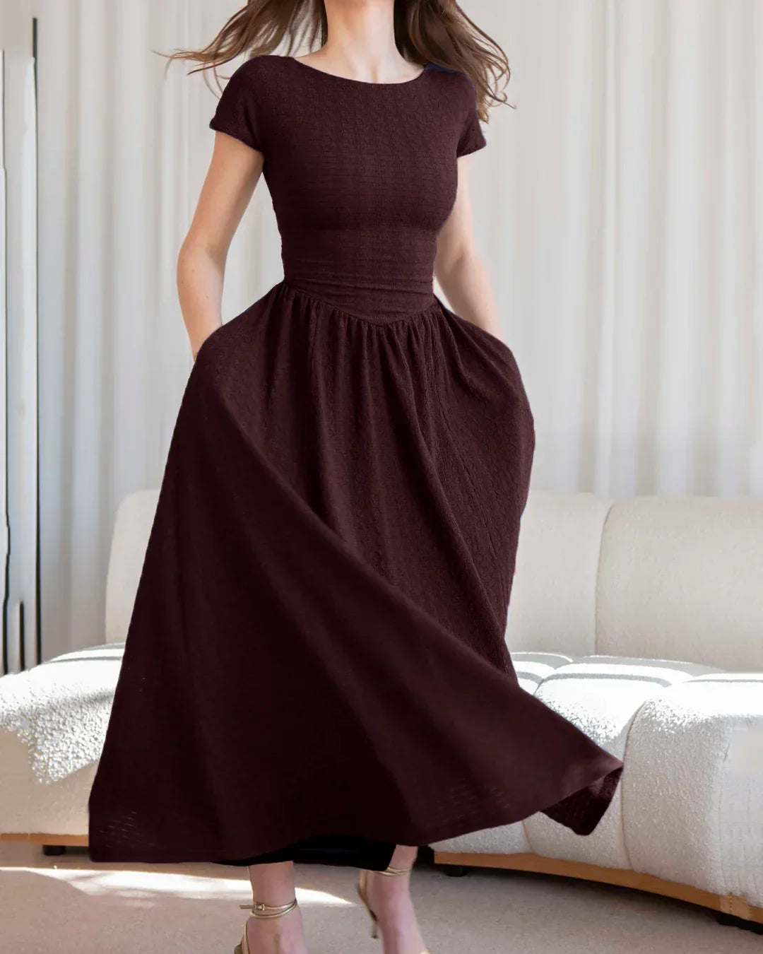 Maroon Cap Sleeve Fit and Flare Midi Dress