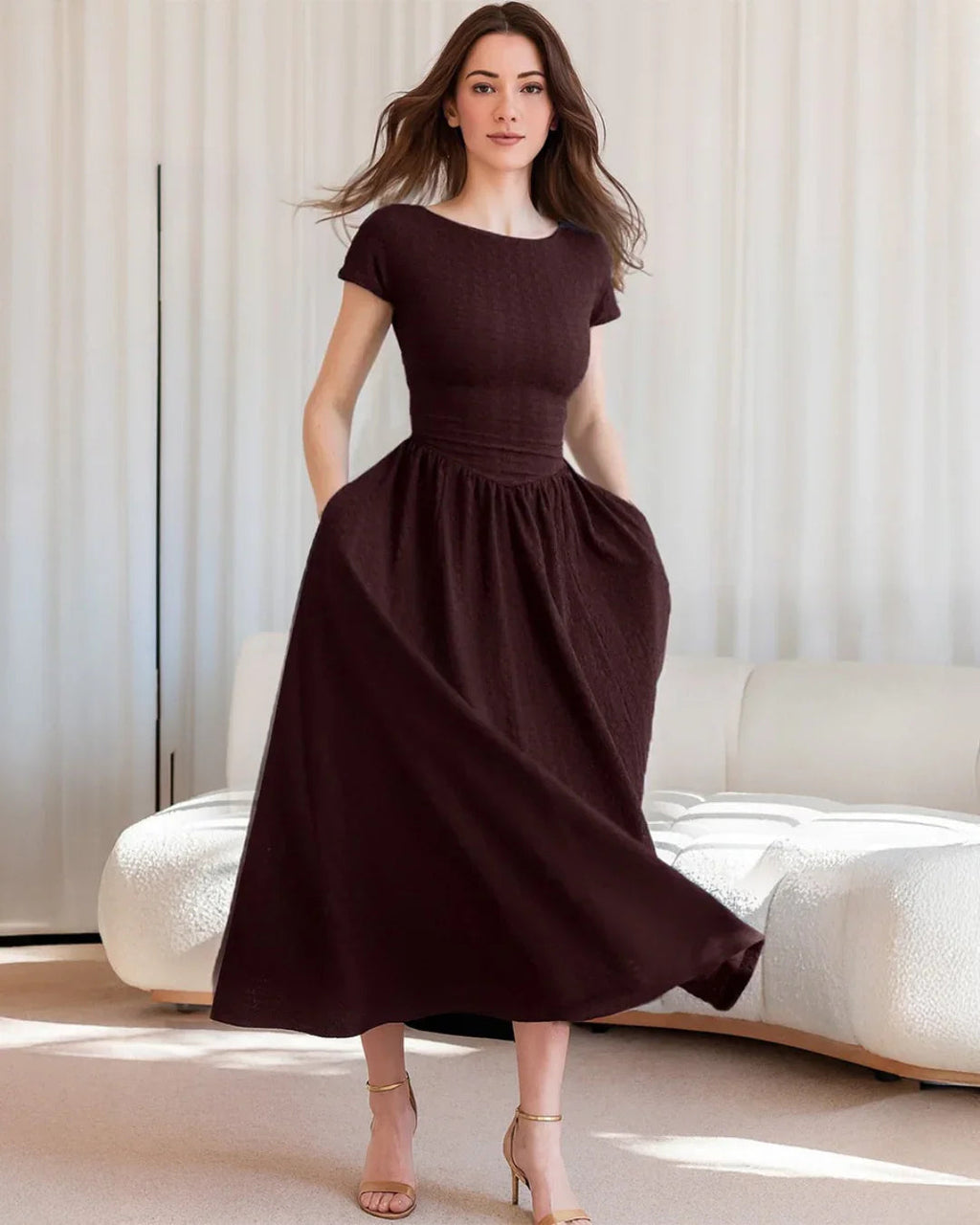 Maroon Cap Sleeve Fit and Flare Midi Dress