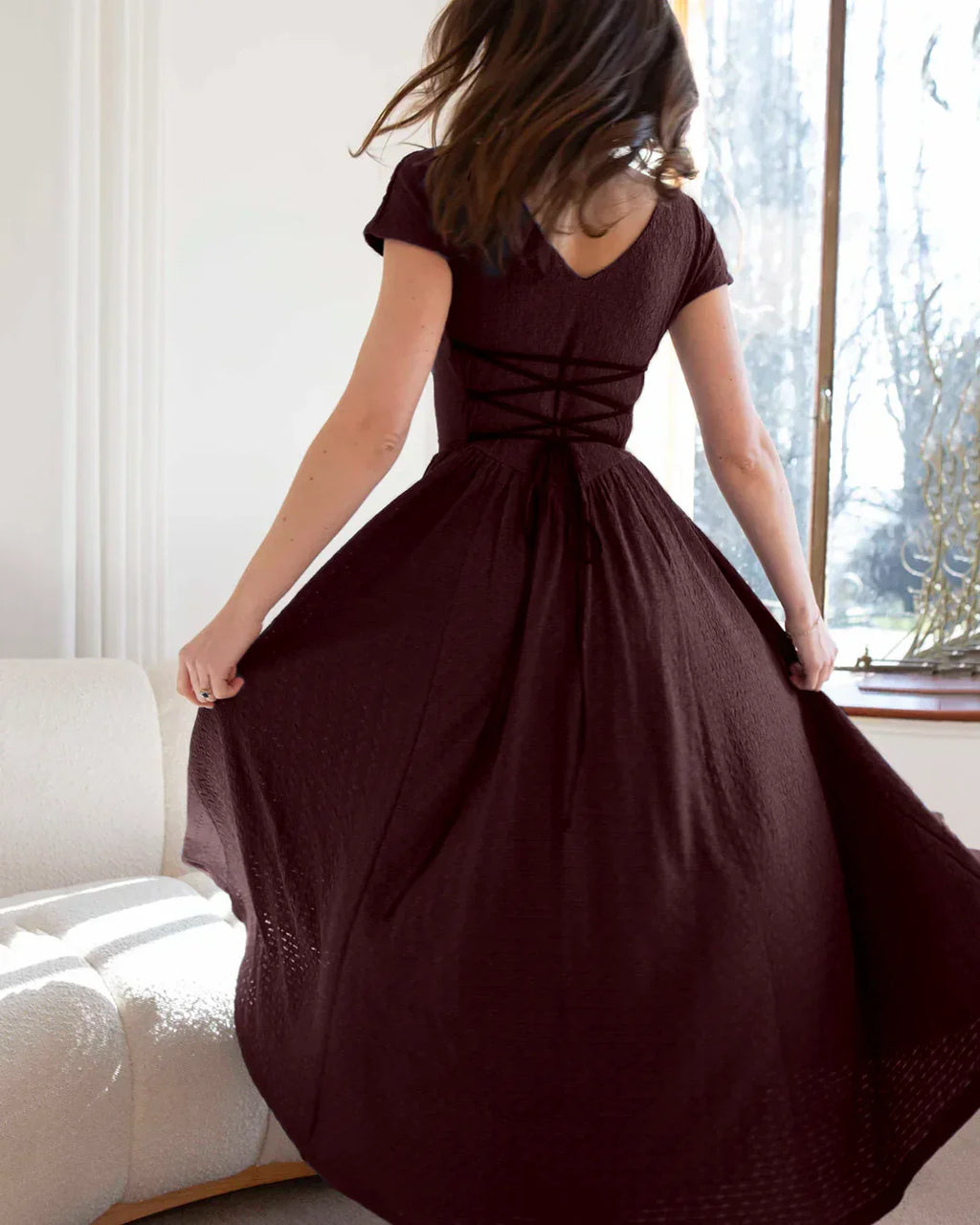 Maroon Cap Sleeve Fit and Flare Midi Dress
