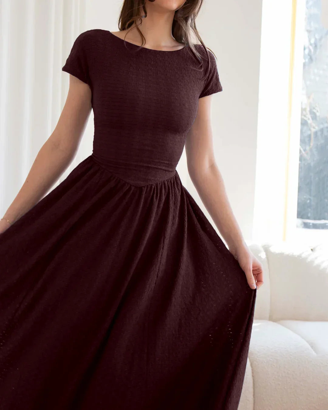 Maroon Cap Sleeve Fit and Flare Midi Dress