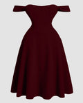 Maroon Faux Fishbone Design Romantic One-Shoulder Dress Curve & Plus