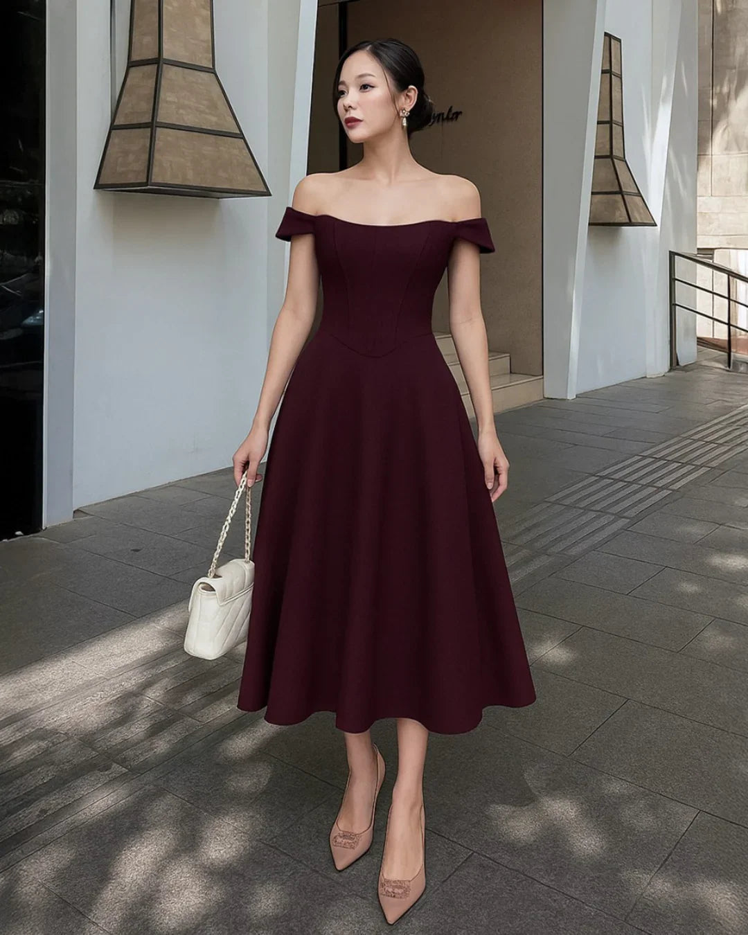 Maroon Faux Fishbone Design Romantic One-Shoulder Dress